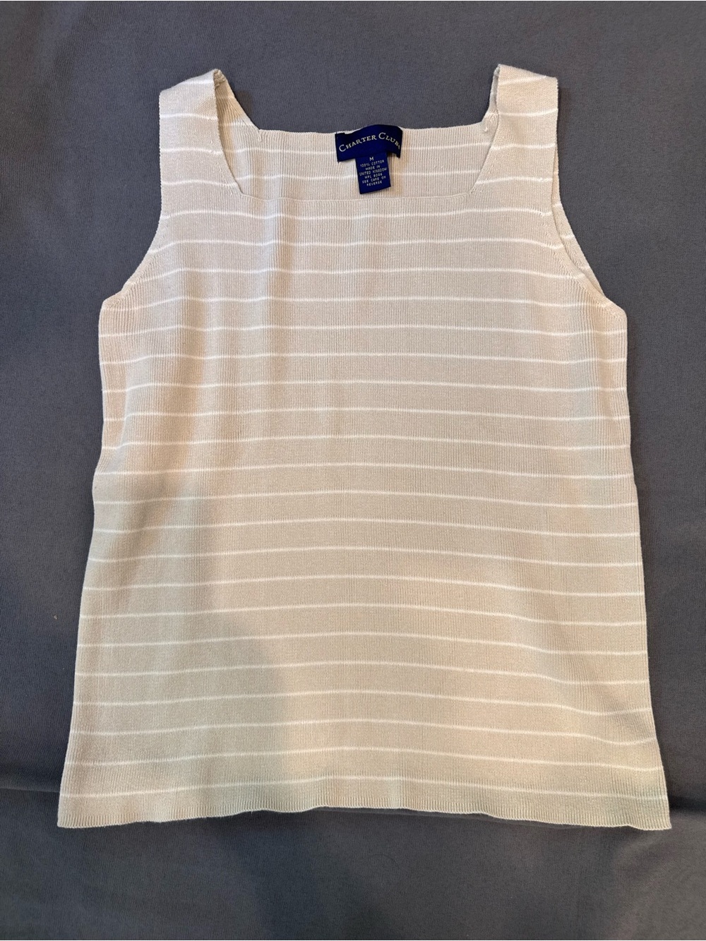 Charter Club Cream and White Striped Knit Tank Coastal Casual Office Layer Med